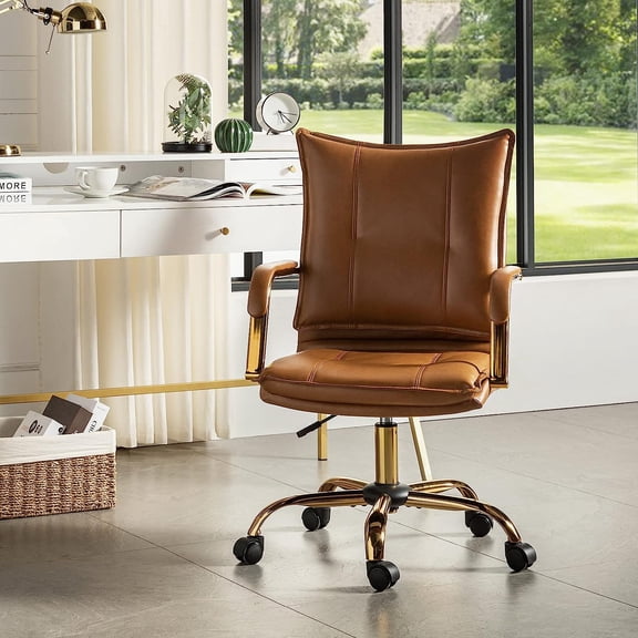 MorandiMalFaux Leather Home Office Desk Chair with Golden Legs, Camel | Adjustable Leather Swivel Computer Chair, with Excellent Lumbar Support, Comfy Upholstered Task Chair