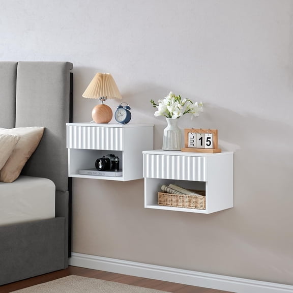 MorandiMalFloating Nightstand Set of 2, Wall Mounted Nightstand with Fluted Drawer, Wall Mounted Bedside Table with Open Storage Shelf, Modern Hanging End Tables for Bedroom and Livingroom