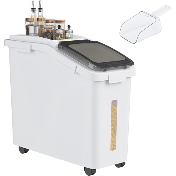 MorandiMalLarge Flour Storage Container Ingredient Bins, 11.4-Gallon Rice Food storage Containers Bins with Wheels, Scoop and Airtight Lid for Bulk Rice, Cereal Grain, Sugar, White