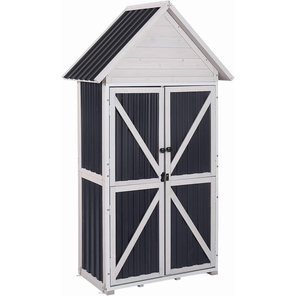 MorandiMalOutdoor Storage Cabinet, Wood & Metal Frame Garden Storage Shed with Waterproof Plastic Roof, Adjustable Shelves, Raised Base, Weather-Resistant Tool Shed for Backyard, Patio & Lawn, 67.5"H