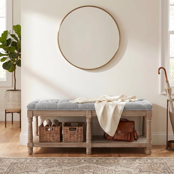 MorandiMalStorage Entryway Bench Tufted Shoe Rack Bench Wood Window Bench for Hallway Entrance Bedroom Corner, Gray