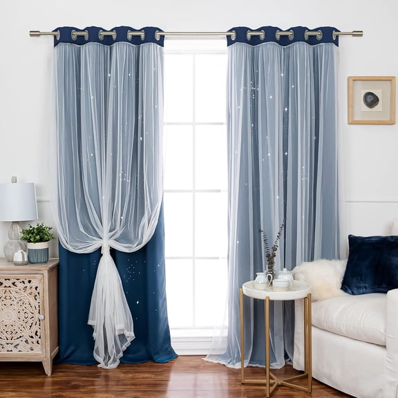 MorandiMalTulle Overlay Blackout Laser Cut Starry Sky Curtain Pair, Silver Grommet Window Panels for Bedroom, Kids Room - 52" W x 84" L, Indigo
