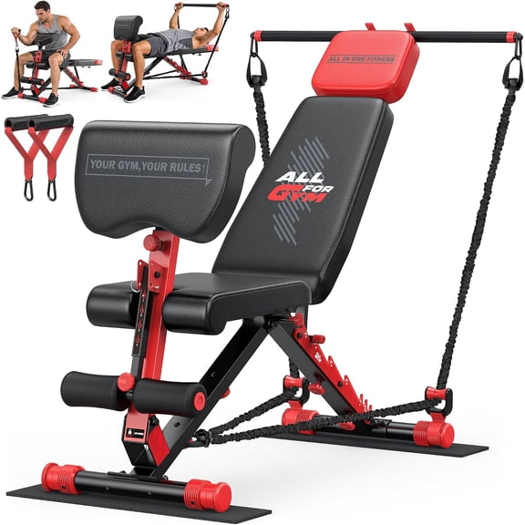 MorandiMalWorkout Bench,Foldable Weight Bench with Variable Resistance Training Set,880LBS Adjustable Bench with Leg Extension,Preacher Curl,Extended Headrest,Incline Decline