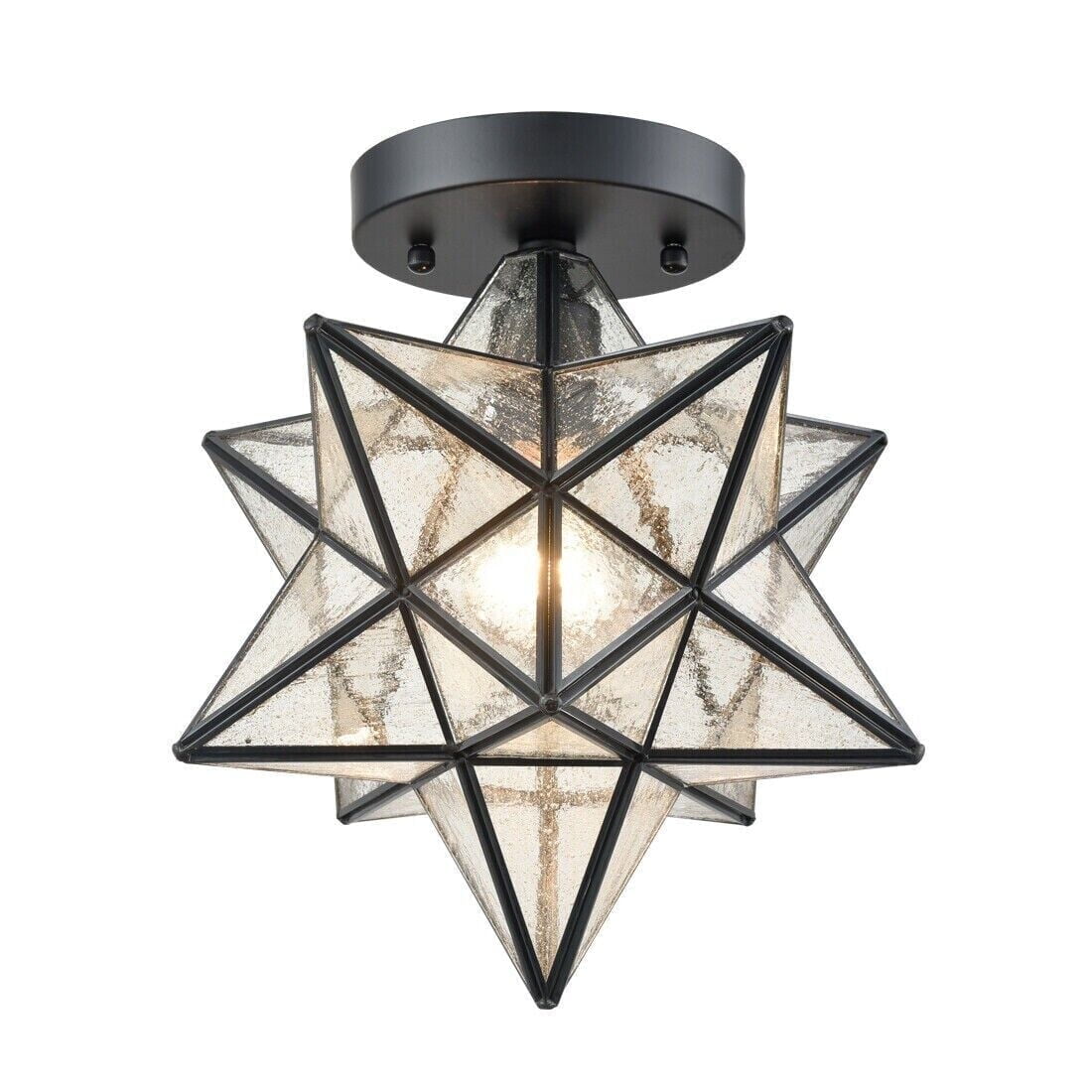 Black Polished Geometric Star Flush Mount Light with Seeded Glass Shade