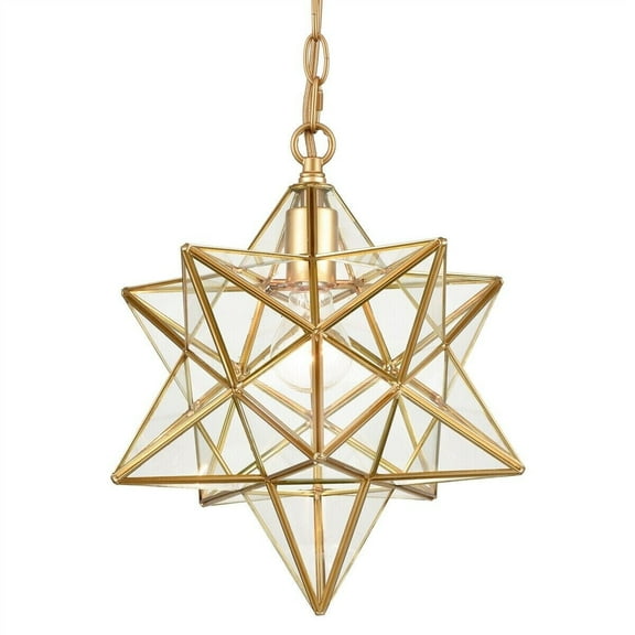 Moravian Star Light Modern Brass Pendant Light 14 Inches with Clear Glass Shade