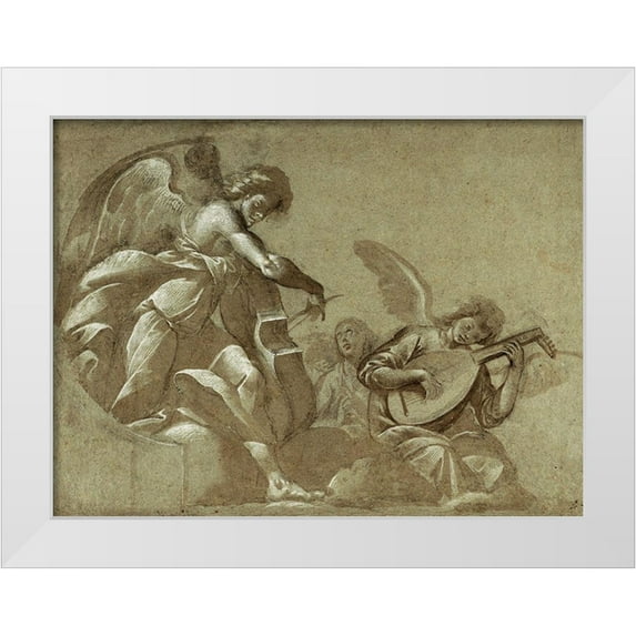 Morazzone, (Pie Francesco Mazzuchelli) 24x19 White Modern Wood Framed Museum Art Print Titled - Angel Musicians (recto); Head Studies (verso)
