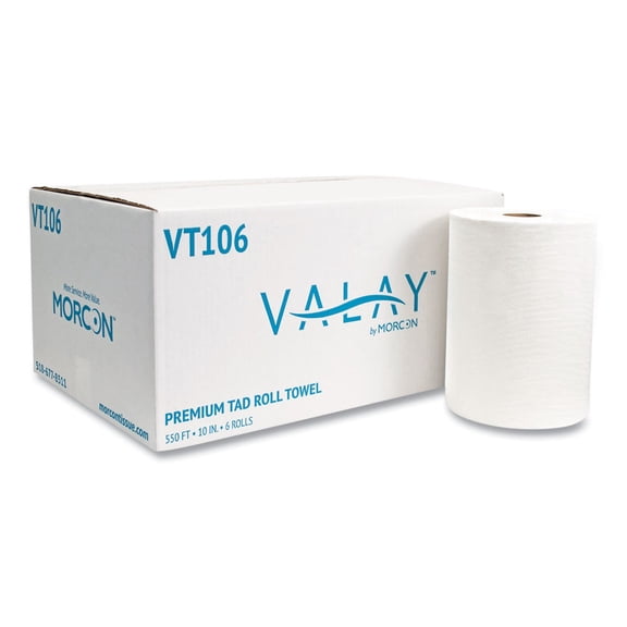 Morcon Tissue 10 Inch TAD Roll Towels, 1-Ply, 10" x 550 ft, White, 6 Rolls/Carton -MORVT106