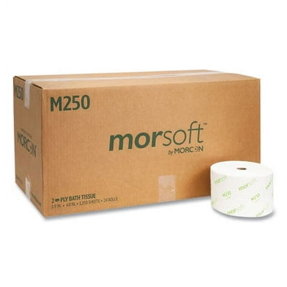 Morcon Tissue MORM250 Small Core Bath Tissue, Septic Safe, 2-Ply, White, 1250/Roll, 24 Rolls/Carton