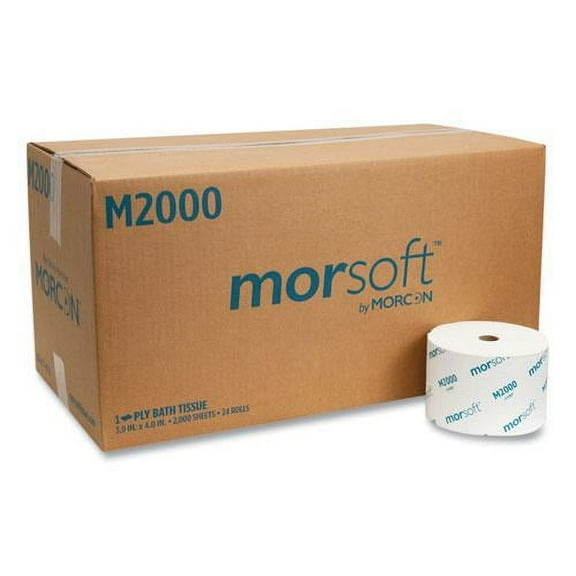 Morcon Tissue Small Core Toilet Paper, Septic Safe, 1-Ply, White, 3.9" x 4", 2000 Sheets/Roll, 24 Rolls/Carton -MORM2000