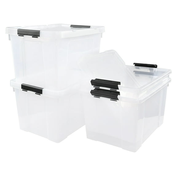 Morcte 4-Pack Clear Plastic Storage Box with Lid and Wheel, 32 L Plastic Storage Boxes