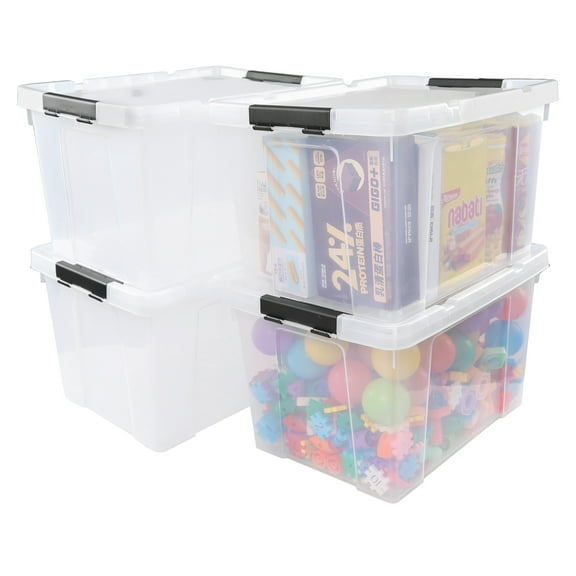 Morcte 4-Pack Clear Plastic Storage Box with Lid and Wheel, 32 L Plastic Storage Boxes
