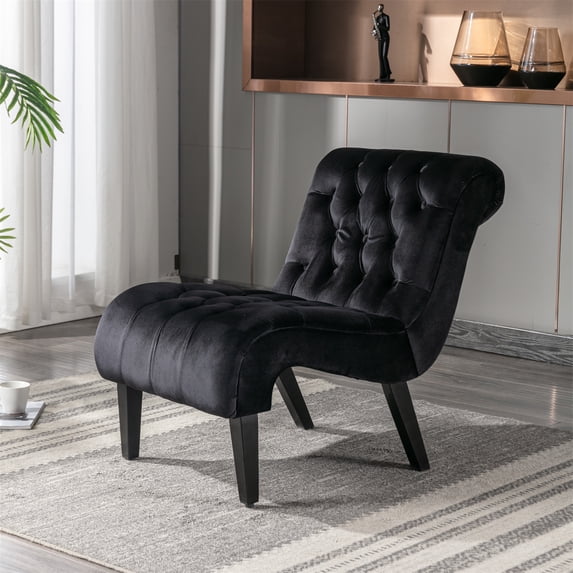 Morden Accent Chair, Armless Living Room Chair with Curved Backrest, Button Tufted Velvet Upholstered Leisure Chair with Solid Wood Legs, Single Sofa Chair for Bedrooom Apartment Office, Black