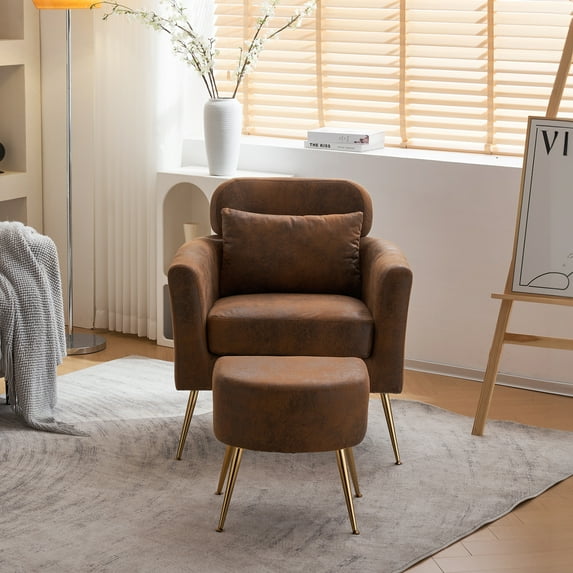 Morden Accent Chair with Ottoman and Pillow, Arm Chair with Adjuestable Metal Legs, Sigle Sofa Chair with Solid Wood Frame for Living Room, Study, Bedroom, Orange