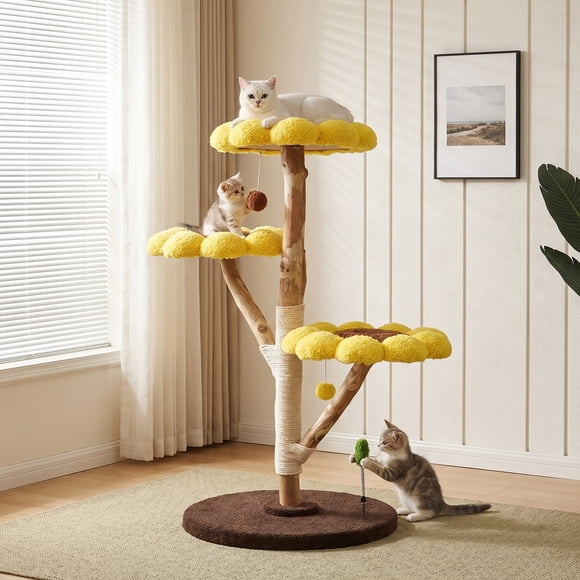 Morden Cat Tree for Indoor Cats, Aesthetic Cat Tree w/Natural Solid Wood Scratching Post, Cat Tower with 2 Hanging Toy Ball for Multi-Cat Households, 3 Flower Perches (Sunflower)
