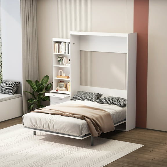 Morden Design Full Size Vertical Murphy Bed with Shelf and Drawers for Bedroom or Guestroom White Wall Bed Space Saving Hidden Bed with New Style Gas Struts