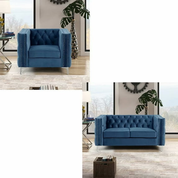 Morden Fort 2 Pieces of Chair and Loveseat Couch Set With Solid Wood/Gold Metal Legs, Heavy Duty Furniture Set For Home Apartment Living Room,Misty Blue