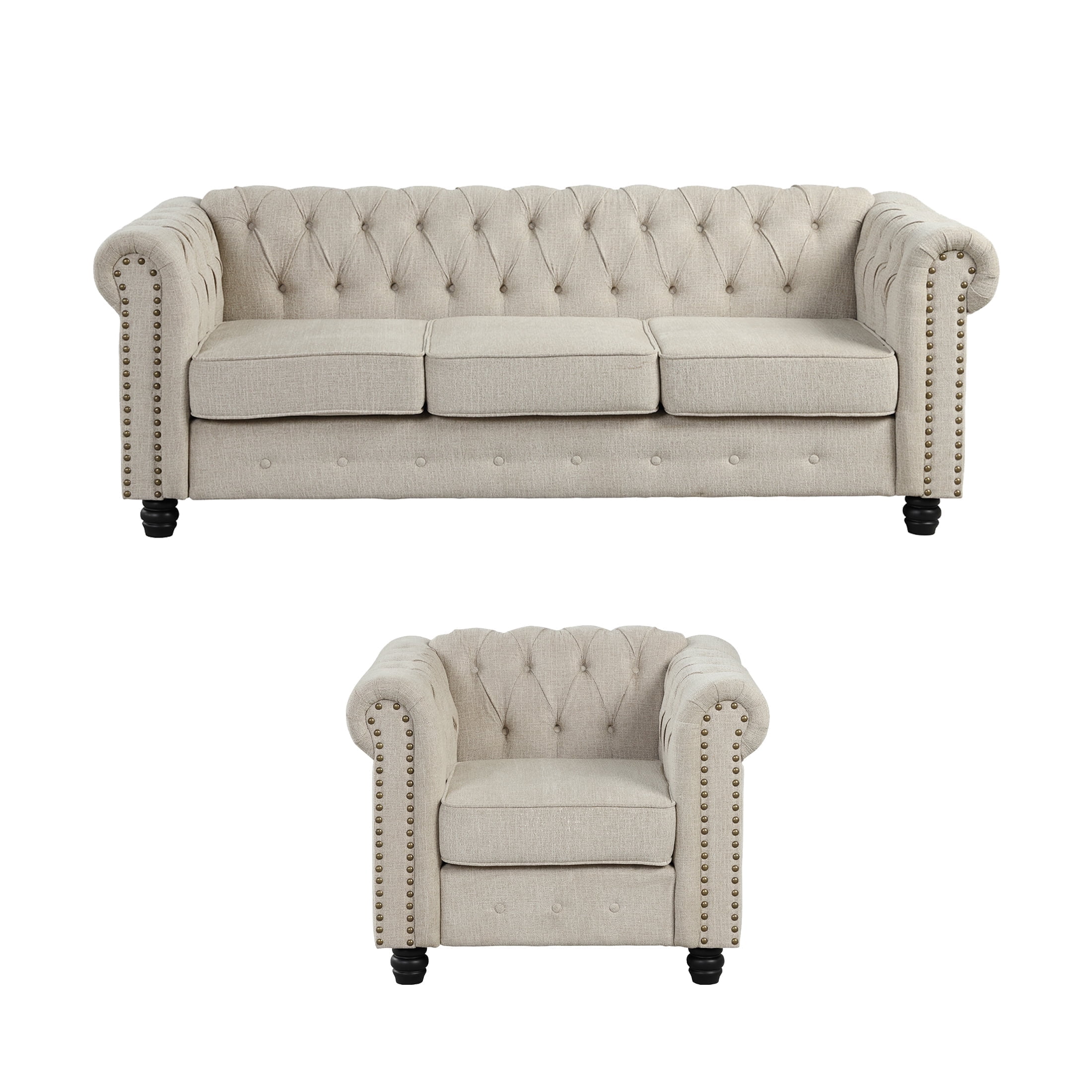 Morden Fort 2 Pieces Living Room Sofa Set, Chesterfield Sofa and Chair Set, Linen Fabric, Beige