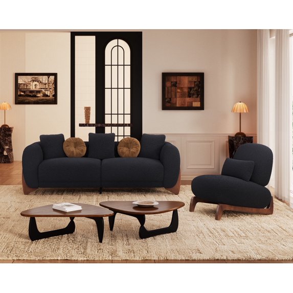 Morden Fort 2 Pieces Sherpa Fabric Boucle Armless Chair 3-Seater Sofa Set, Modern Minimalist Cloud Couch and Boucle Tilt Back Lounge Chair with Wood leg, Black