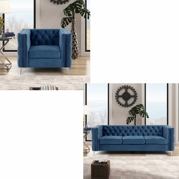 Morden Fort 2 Pieces of Chair and Sofa Set With Solid Wood/Gold Metal Legs, Heavy Duty Furniture Set For Home Apartment Living Room,Misty Blue