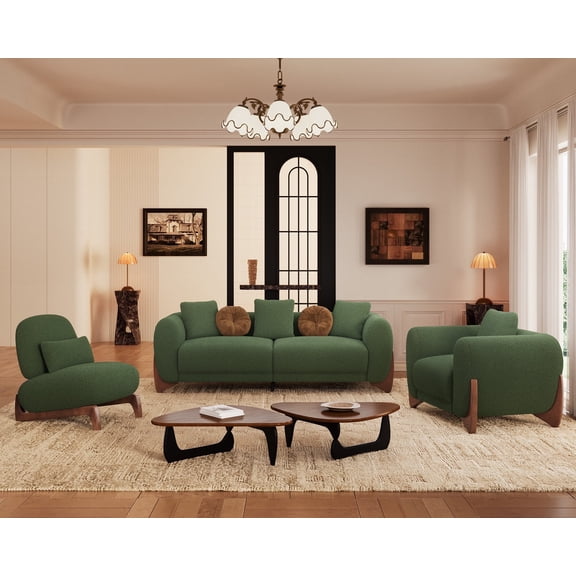 Morden Fort 3 Pieces Cloud Couch Set, Boucle Sherpa Fabric Upholstered Comfy Armless Chair, Arm Chair and 3 Seater Sofa Set for Living Room, Wood Leg, Green