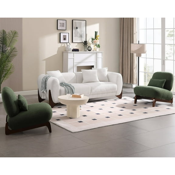 Morden Fort 3 Pieces Comfy Cloud Sofa Set with Crescent Wood Legs, Boucle White Sofa and 2 Green Tilt Back Boucle Chairs Set