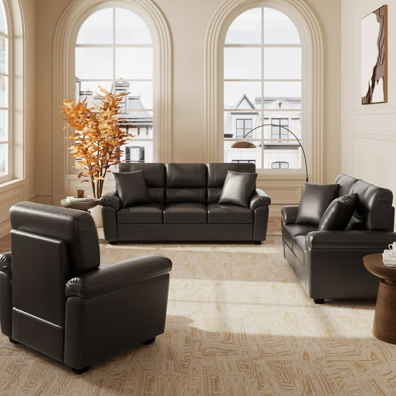 Morden Fort 3 Pieces Faux Leather Sofa Set, Living Room Couch Furniture Set for Bedroom, Office, Apartment