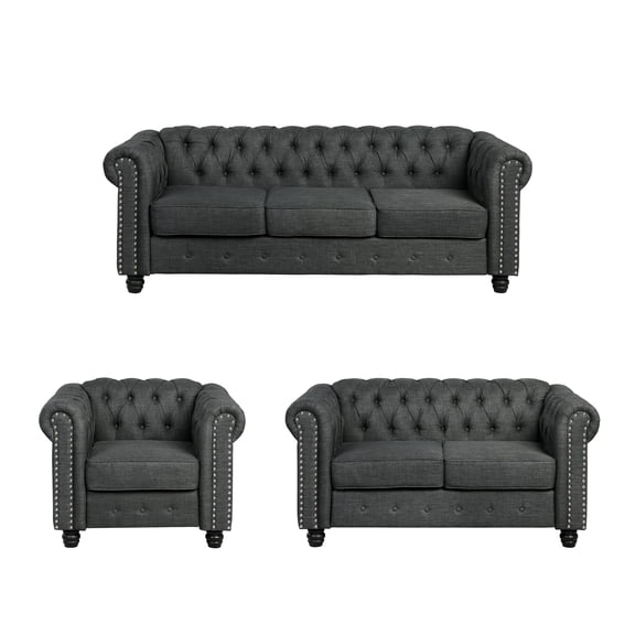 Morden Fort 3 Pieces Modern Comfortable Living Room Sofa Set, Chesterfield Thick Cushion Couch Loveseat Chair Set, Linen Fabric, Charcoal Grey