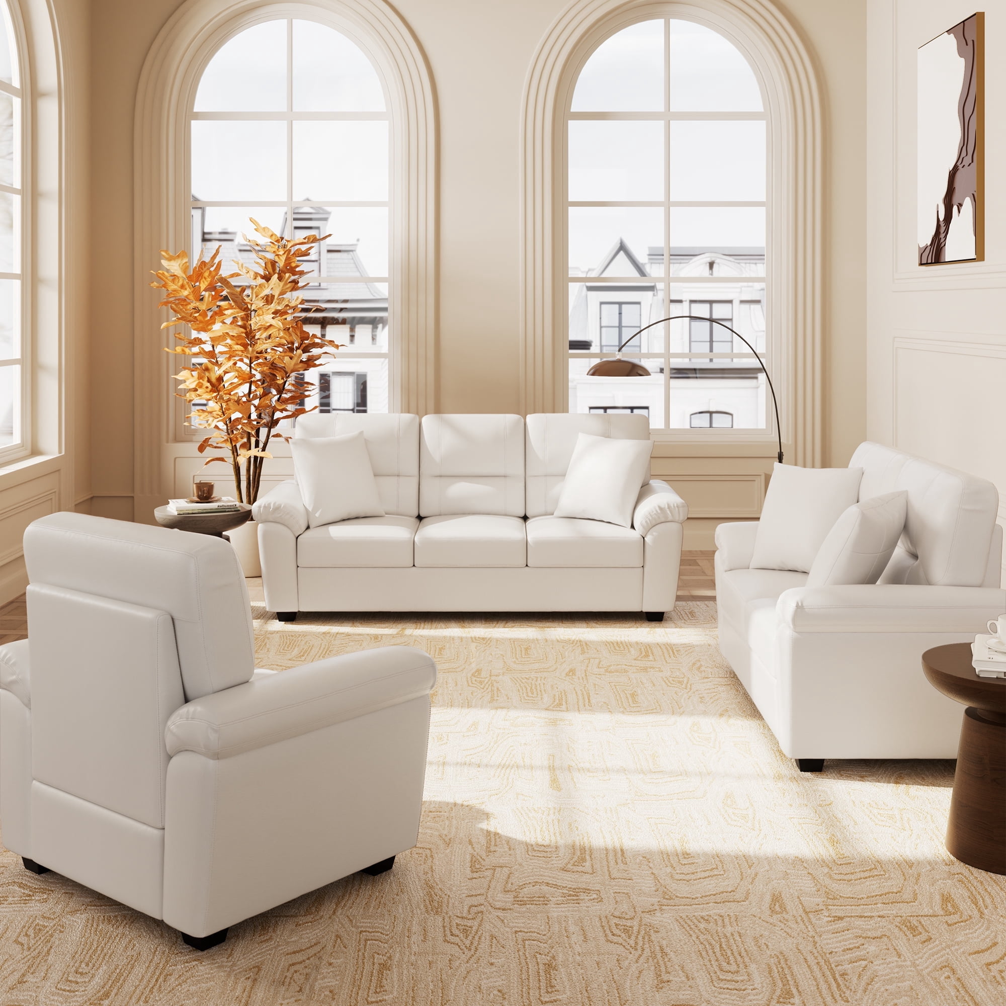 Morden Fort 3 Pieces White Faux Leather Sofa Set, Living Room Couch ...