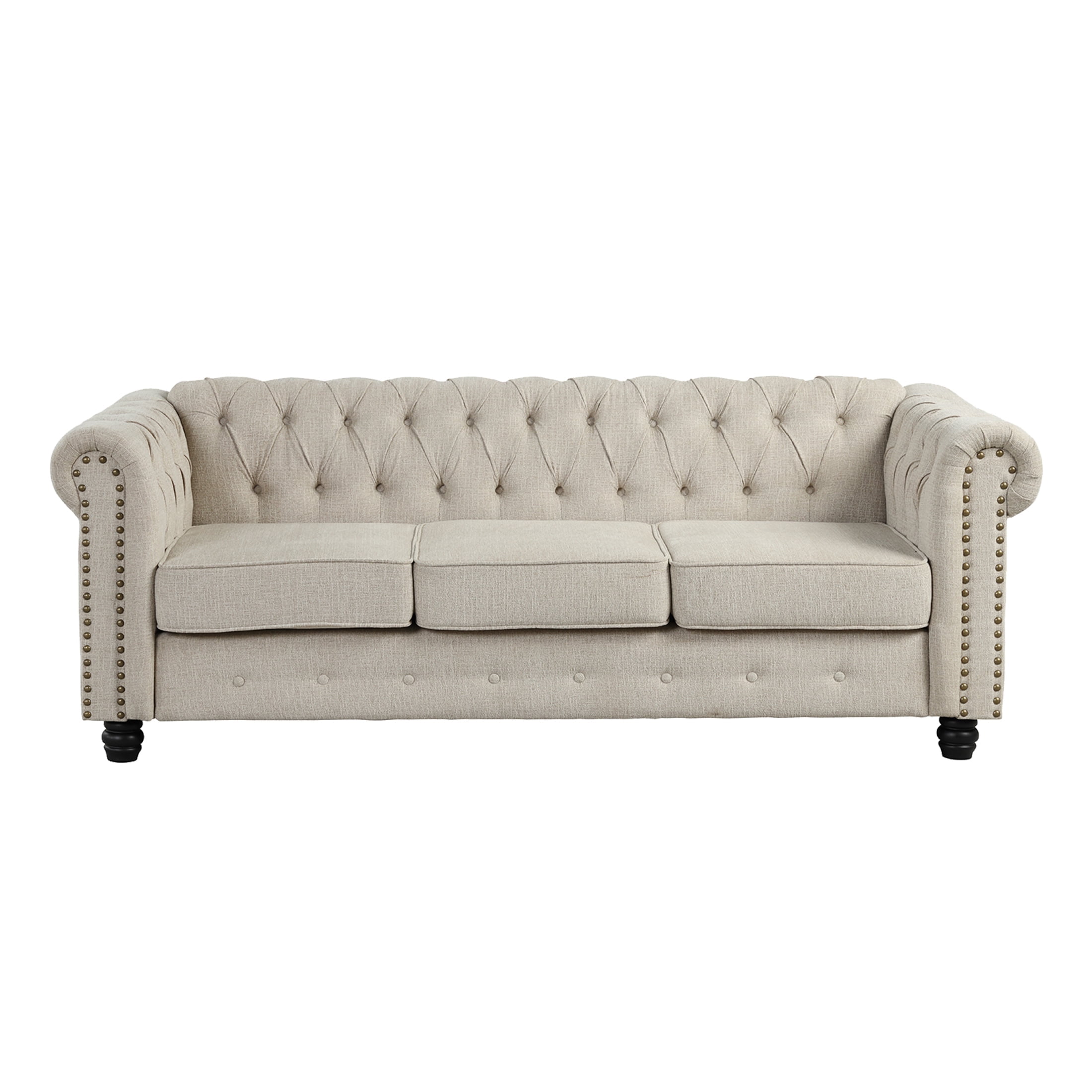 Morden Fort 3-Seater Chesterfield Sofa Couch with Rolled Arm and Wooden Frame, for Living Room