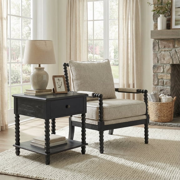 Morden Fort 3-in-1 Bedside Table with Drawer, Mid-Century Modern Nightstand, Wood End Table for Living Room, Storage Side Table for Couch,Black