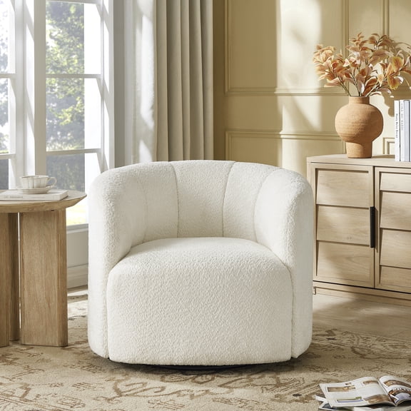 Morden Fort 360° Swivel Accent Chair, Cream Boucle Upholstered Barrel Armchair for Living Room, Modern Small Space Rotating Lounge Chair for Bedroom