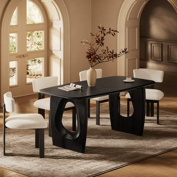 Morden Fort 5 Pcs Modern Dining Table Chairs Set, Wood 68" Black Rectangular Kitchen Table, 4 Contemporary Metal Frame Boucle White Dining Chairs