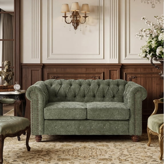 Morden Fort 61“ Chenille Chesterfield Loveseat, Modern Farmhouse Upholstery 2-Seater Sofa With Rolled Arm And Nailhead Trim