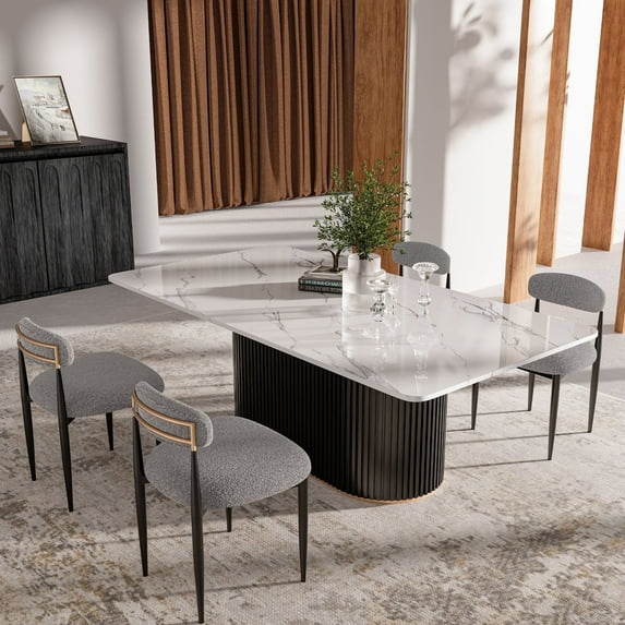 Morden Fort 71" Dining Table Set for 4, White Marble Top Dining Table with 4 Armless Grey Boucle Chairs for Kitchen, Dining Room, Restaurant, Conference Room