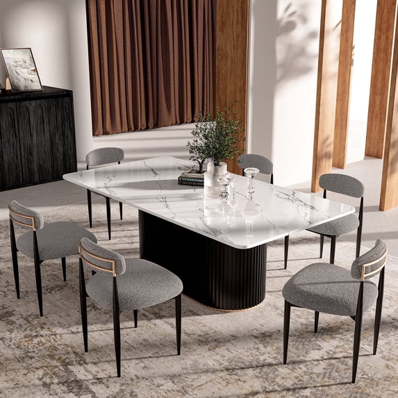 7PCS Morden Fort 71" Dining Table Set for 6, White Marble Top Dining Table with 6 Armless Grey Boucle Chairs for Kitchen, Dining Room, Restaurant, Conference Room