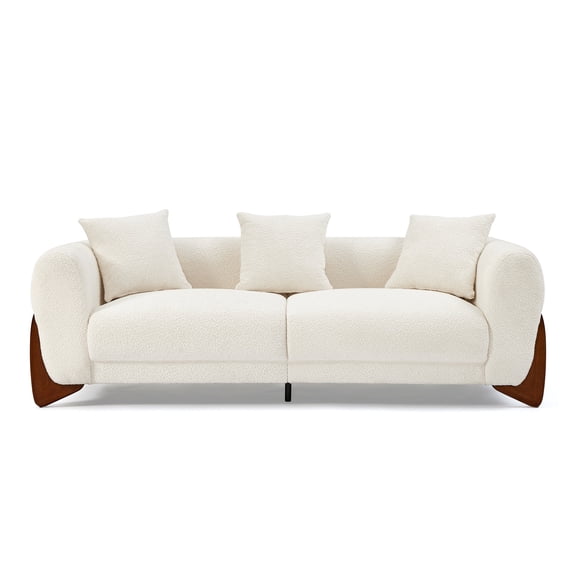 Morden Fort 3-Seater Lamb Fleece Sofa with Wooden Legs, 87" Comfy Upholstered Couch for Living Room, Oversized Cloud Couch with 3 Throw Pillows, White