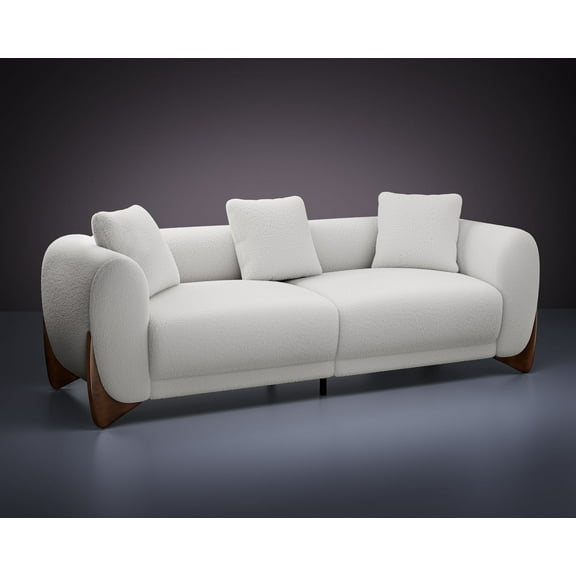 Morden Fort 87" W Cloud White Sofa Boucle Sherpa Couch, Upholstered Comfy Couch with Crescent Wood Legs and 3 Matching Pillows