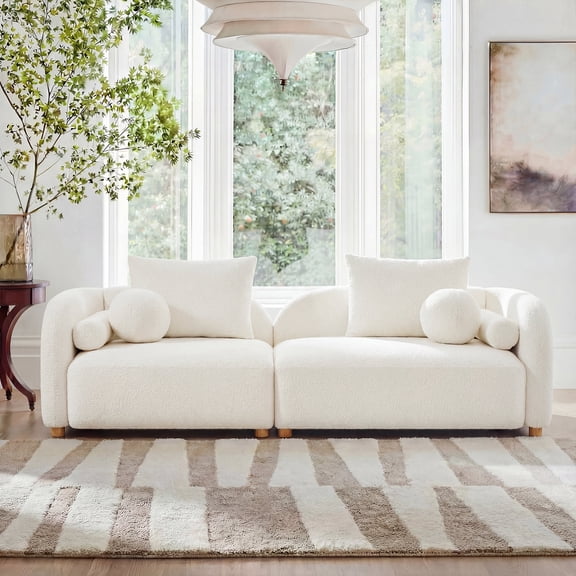 Morden Fort 91.75" Boucle 3-Seater Sofa with Round Bolster Pillows, Modern Curved Cloud Couch for Living Room, Bedroom, Apartment