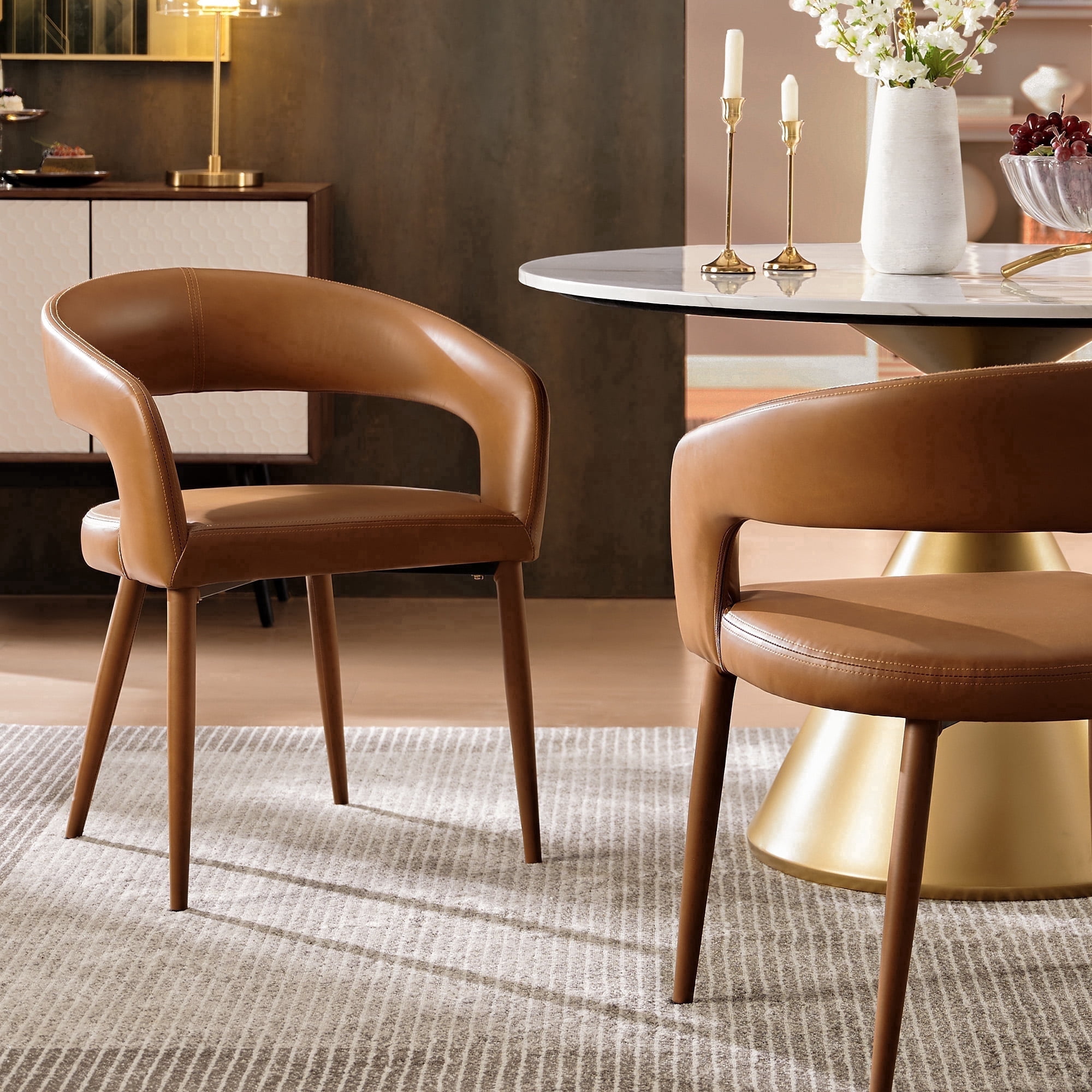 Morden Fort Leather Dining Chairs Set of 2,&nbsp;Easy Clean Barrel Chairs, Modern Upholstered Kitchen Armchair with Metal Frame & Round Back, Orange