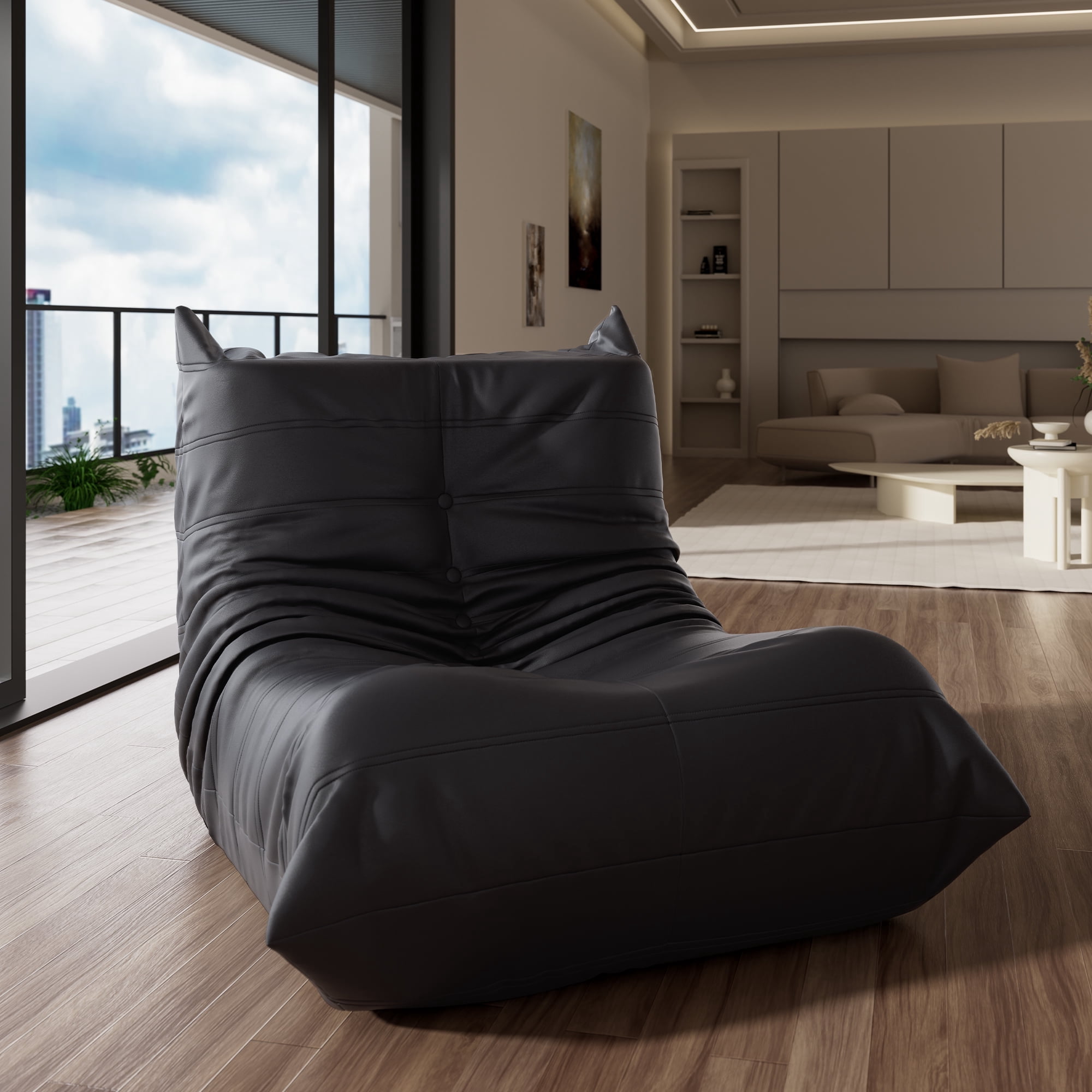 Morden Fort Big Bean Bag Chair for Adults, Faux Leather Bean Bag Sofa, Memory Foam Lounge Chairs with Ergonomic Design, Lazy Togo Chair for Living Room, Bedroom, Dorm, Office(Black)
