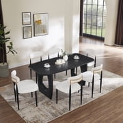 Morden Fort Black Rectangular Dining Table with 6 Boucle White Chairs, 7 Pcs Dining Set, Modern 68" Wooden Table with Cut-Out Legs, Metal Frame Boucle Fabric Dining Chairs for Kitchen, Living Room