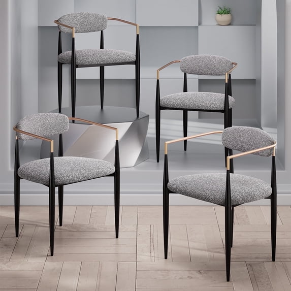 Morden Fort Boucle Dining Chairs Set of 4, Modern Dining Chairs with Black Metal Legs and Upholstered Cushion, Brushed Gold Armchairs for Kitchen Living Room Bedroom