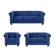 Morden Fort Chesterfield Chair Loveseat and Sofa Set, 3 Pieces Living Room Velvet Couch Set, Blue