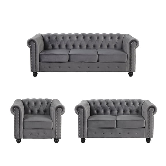 Morden Fort Chesterfield Chair Loveseat and Sofa Set, 3 Pieces Living Room Velvet Couch Set, Grey