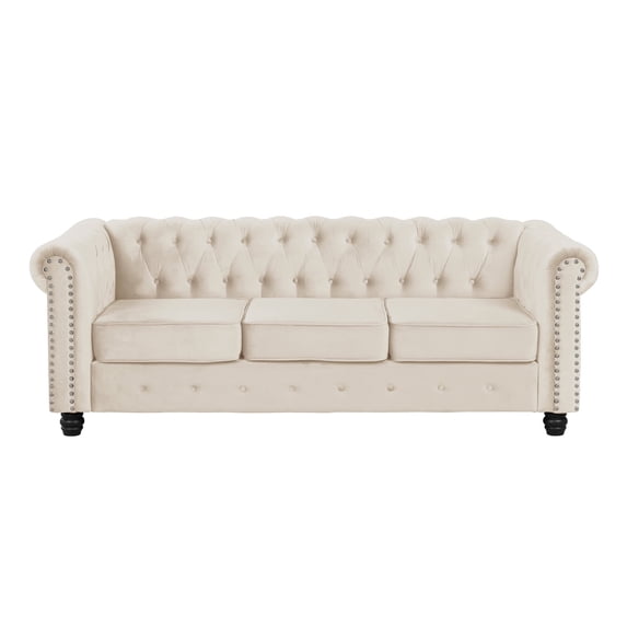 Morden Fort Chesterfield Sofa 3 Seater Beige Couch, American Style Living Room Velvet Sofa, Office, Bedroom