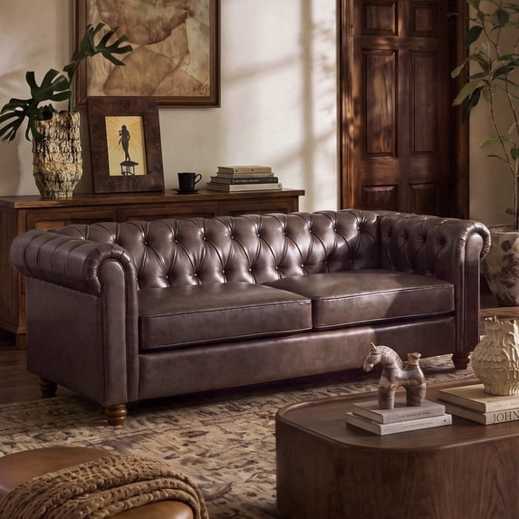 Morden Fort Chesterfield Sofa, 3-Seater Leather Soft Sofa, Tufted Rolled Arm Living Room Furniture, Classic Couch for Living Room, Brown