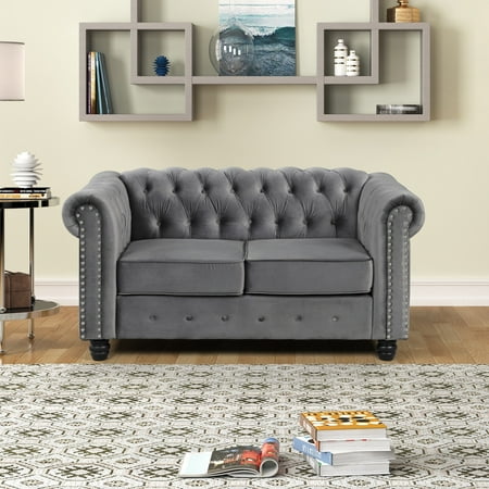 Morden Fort Classic Tufted Velvet Upholstered Chesterfield Club Loveseat and Sofa 2Pieces with Nailhead for Living Room Grey