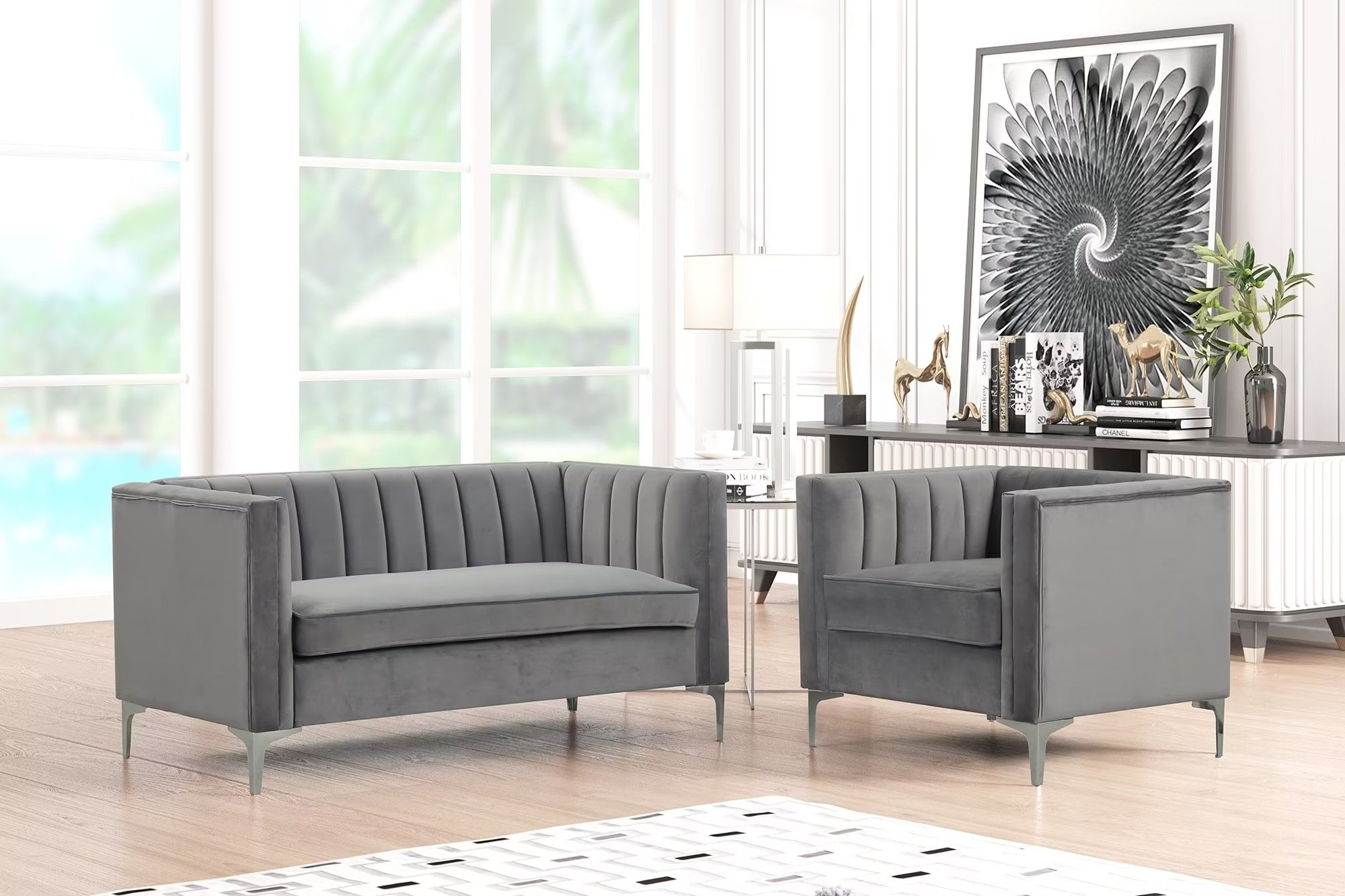 Gray Velvet Mid-Century Modern Loveseat and Sofa Set with Metal Legs