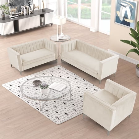 Morden Fort Contemporary Living Room Set Velvet Upholstered Accent Chair Loveseat Sofa Beige