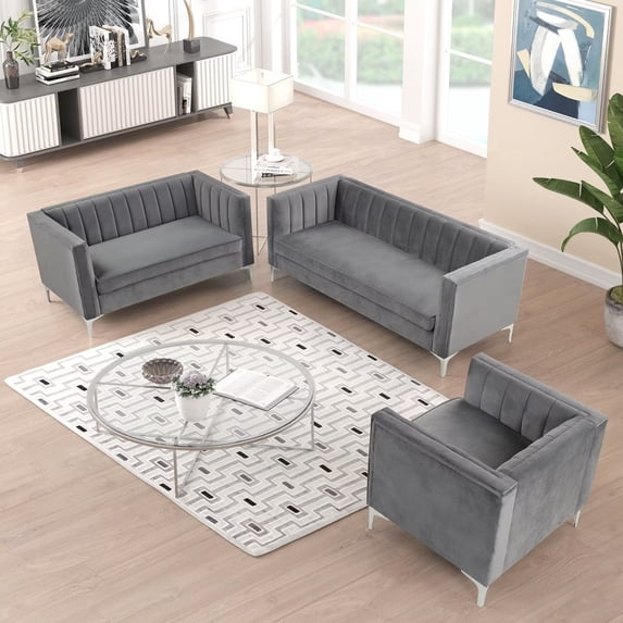 Morden Fort Contemporary Living Room Set Velvet Upholstered Accent Chair Loveseat Sofa Gray
